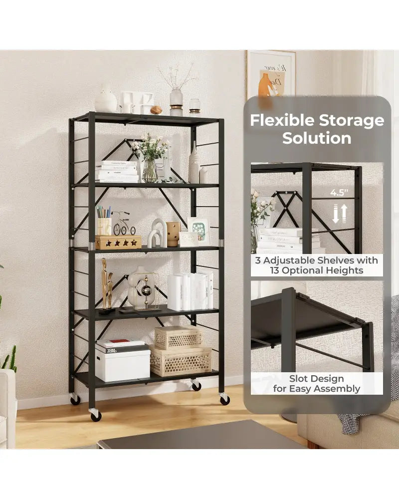5-Tier Foldable Storage Shelf with Wheels-Black - Black - Cabinets & Chests