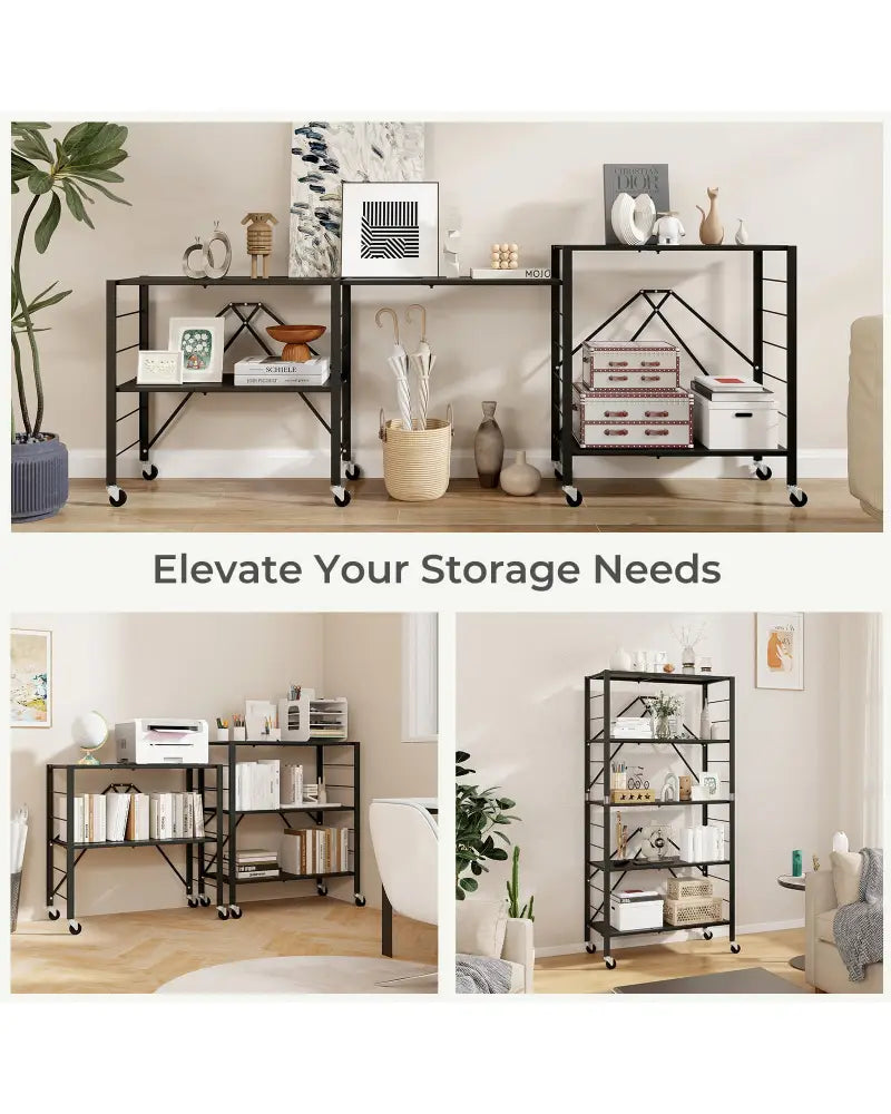 5-Tier Foldable Storage Shelf with Wheels-Black - Black - Cabinets & Chests