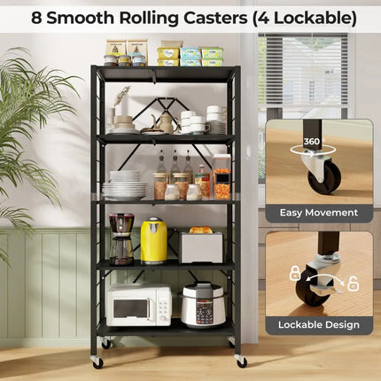 5-Tier Foldable Storage Shelf with Wheels-Black - Black - Cabinets & Chests