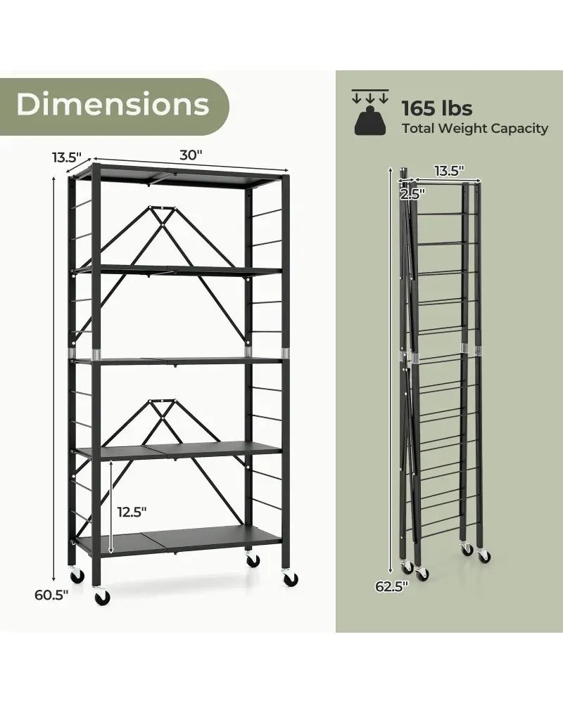 5-Tier Foldable Storage Shelf with Wheels-Black - Black - Cabinets & Chests