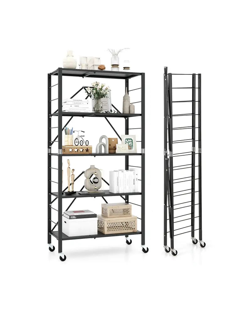 5-Tier Foldable Storage Shelf with Wheels-Black - Black - Cabinets & Chests