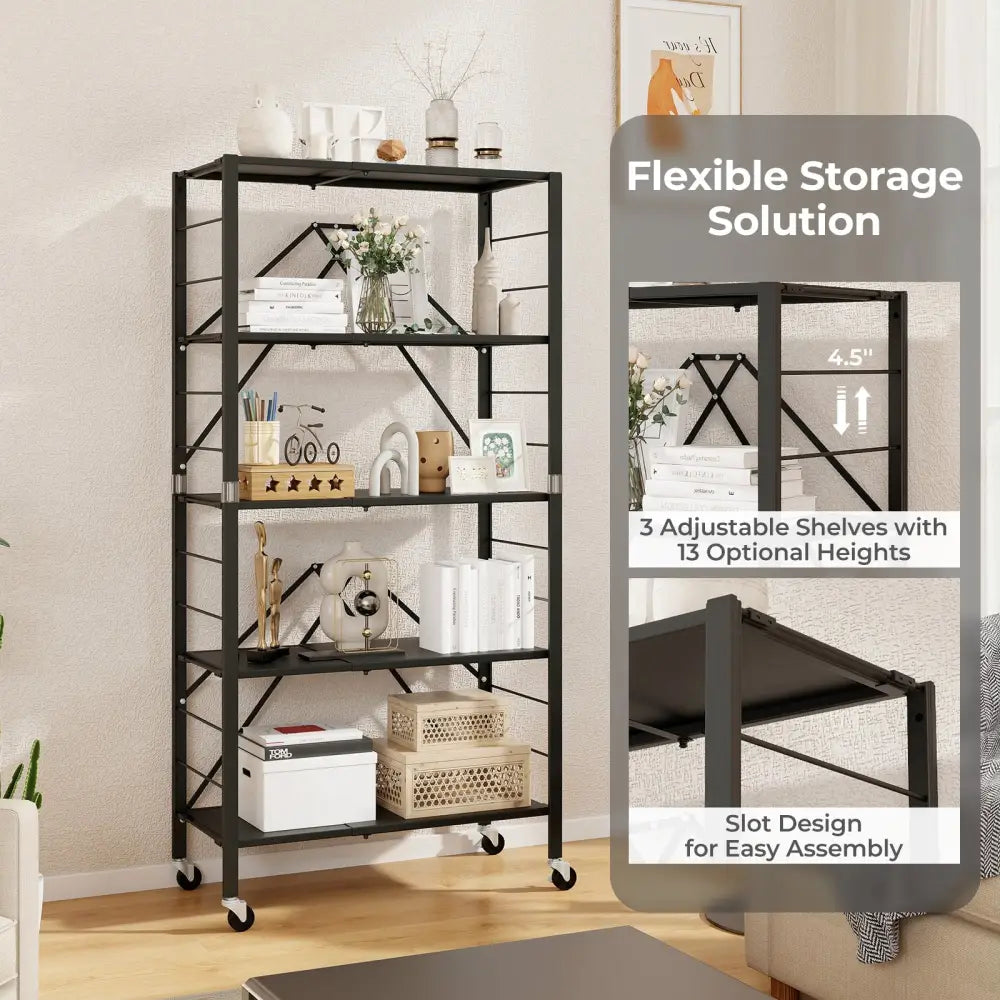 5-Tier Foldable Storage Shelf with Wheels-Black - Black - Cabinets & Chests