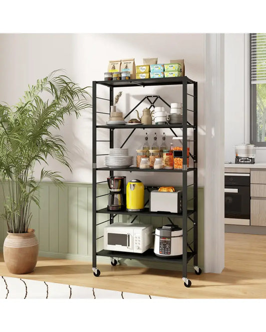5-Tier Foldable Storage Shelf with Wheels-Black - Black - Cabinets & Chests