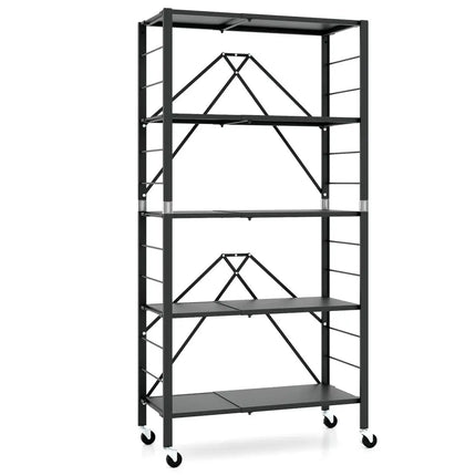 5-Tier Foldable Storage Shelf with Wheels-Black - Black - Cabinets & Chests