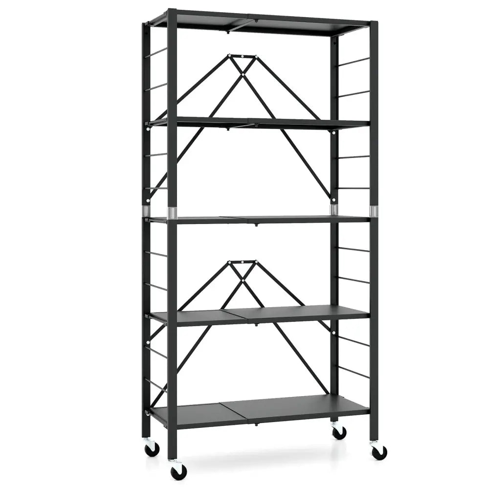 5-Tier Foldable Storage Shelf with Wheels-Black - Black - Cabinets & Chests