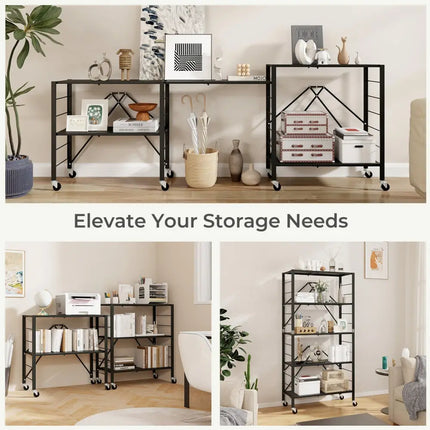 5-Tier Foldable Storage Shelf with Wheels-Black - Black - Cabinets & Chests