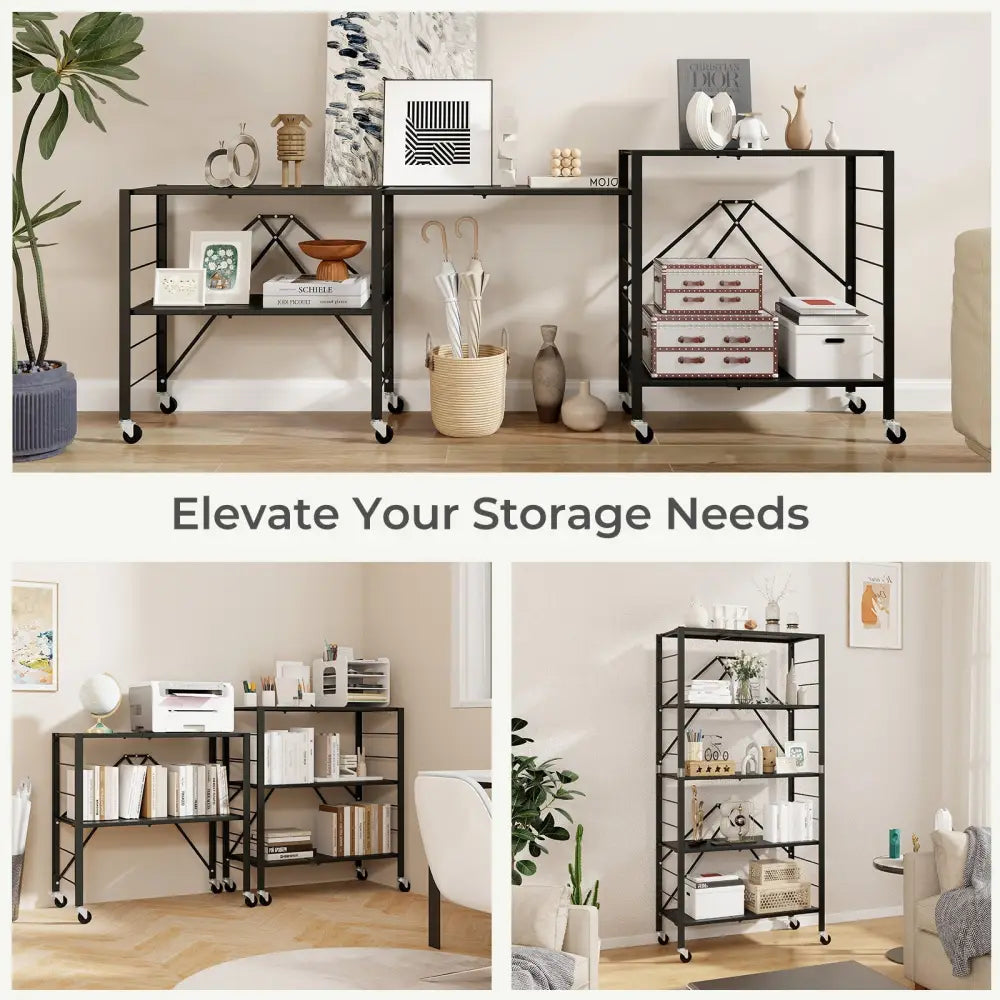 5-Tier Foldable Storage Shelf with Wheels-Black - Black - Cabinets & Chests