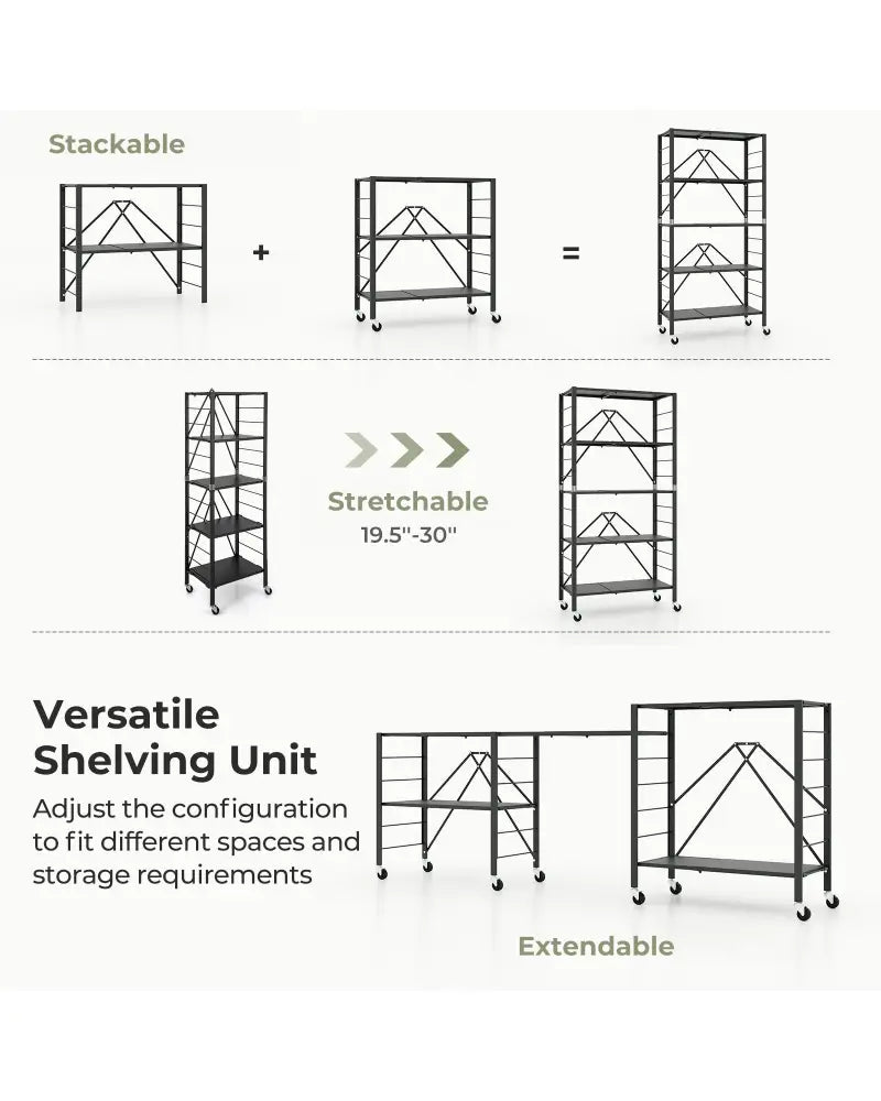 5-Tier Foldable Storage Shelf with Wheels-Black - Black - Cabinets & Chests