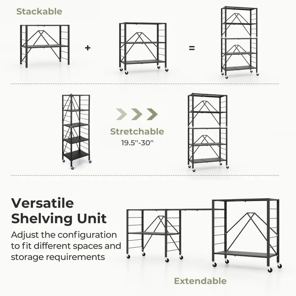 5-Tier Foldable Storage Shelf with Wheels-Black - Black - Cabinets & Chests