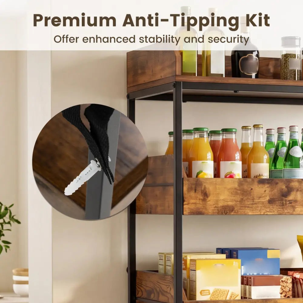 5-Tier Food Storage Rack with 4 Pull-out Drawers and Adjustable Feet-Rustic Brown - Rustic Brown - Kitchen Organization