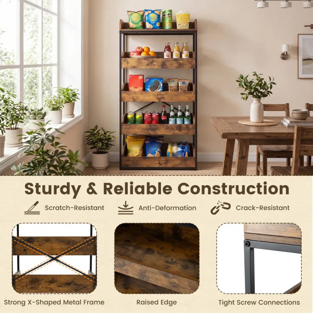 5-Tier Food Storage Rack with 4 Pull-out Drawers and Adjustable Feet-Rustic Brown - Rustic Brown - Kitchen Organization