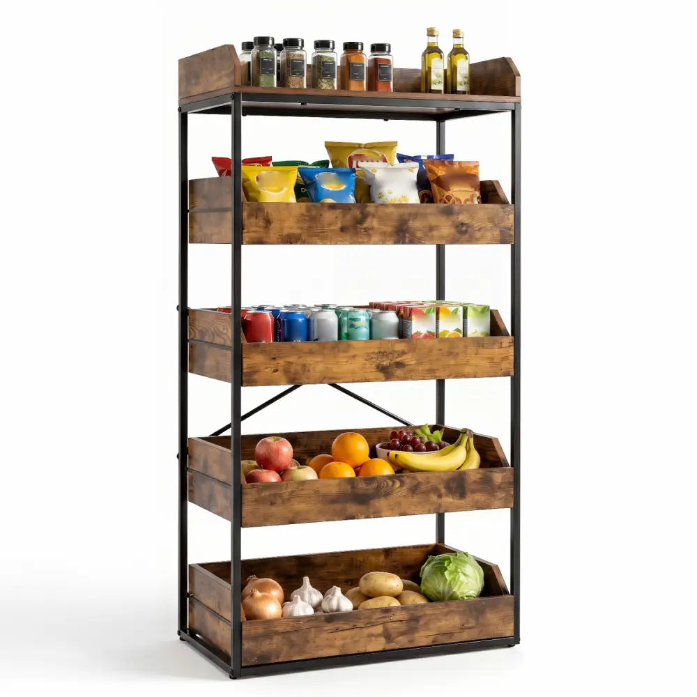 5-Tier Food Storage Rack with 4 Pull-out Drawers and Adjustable Feet-Rustic Brown - Rustic Brown - Kitchen Organization