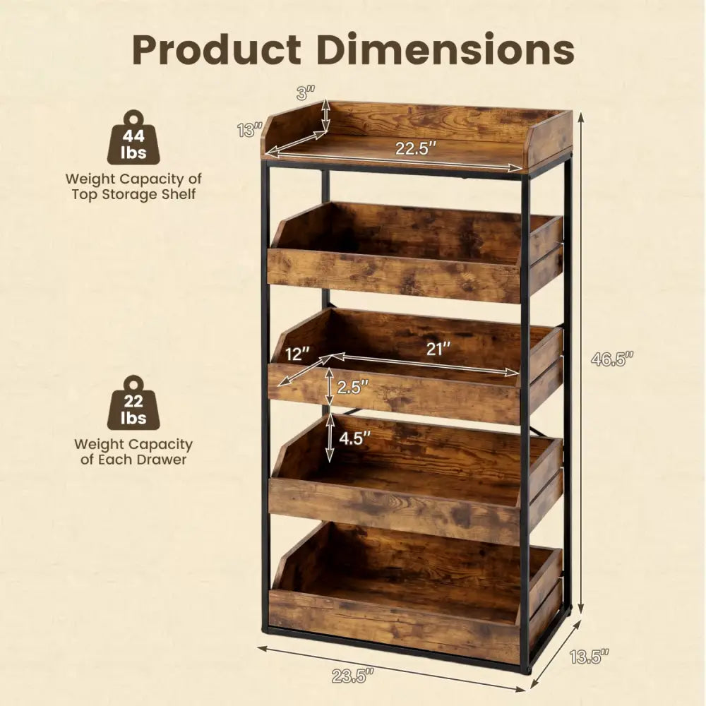 5-Tier Food Storage Rack with 4 Pull-out Drawers and Adjustable Feet-Rustic Brown - Rustic Brown - Kitchen Organization