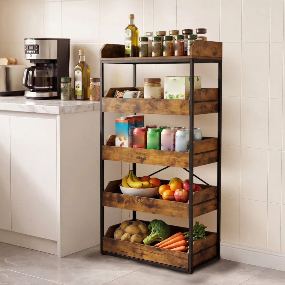 5-Tier Food Storage Rack with 4 Pull-out Drawers and Adjustable Feet-Rustic Brown - Rustic Brown - Kitchen Organization