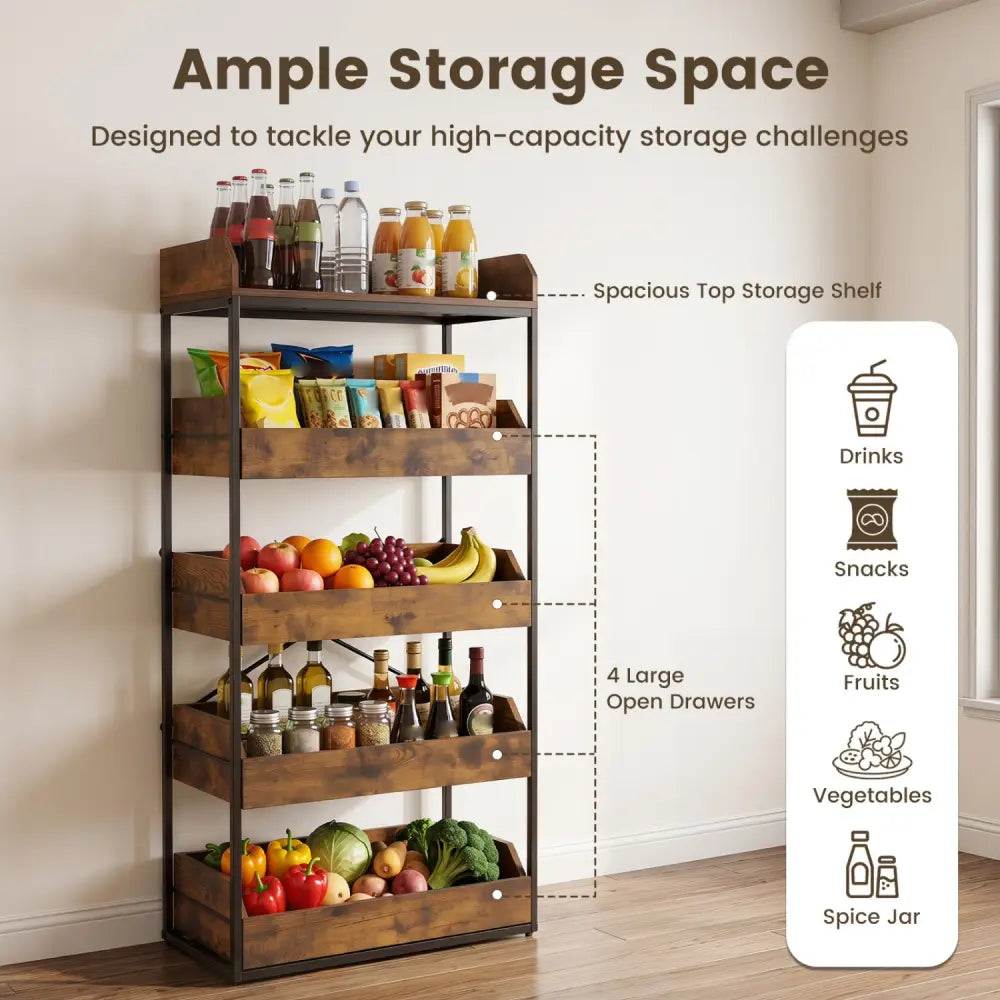 5-Tier Food Storage Rack with 4 Pull-out Drawers and Adjustable Feet-Rustic Brown - Rustic Brown - Kitchen Organization