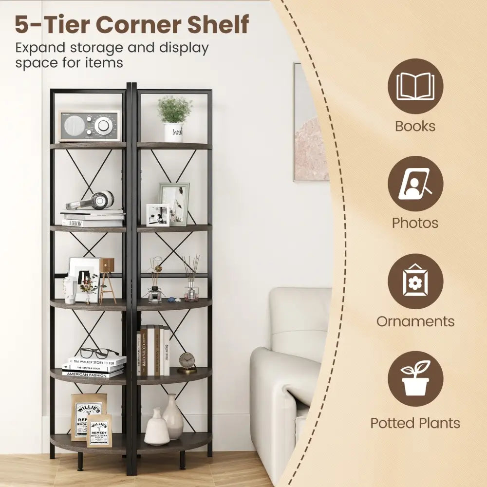 5-Tier Freestanding Corner Shelf 63 Inch Tall Storage Rack-Oak - Oak - Bookcases
