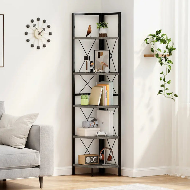 5-Tier Freestanding Corner Shelf 63 Inch Tall Storage Rack-Oak - Oak - Bookcases