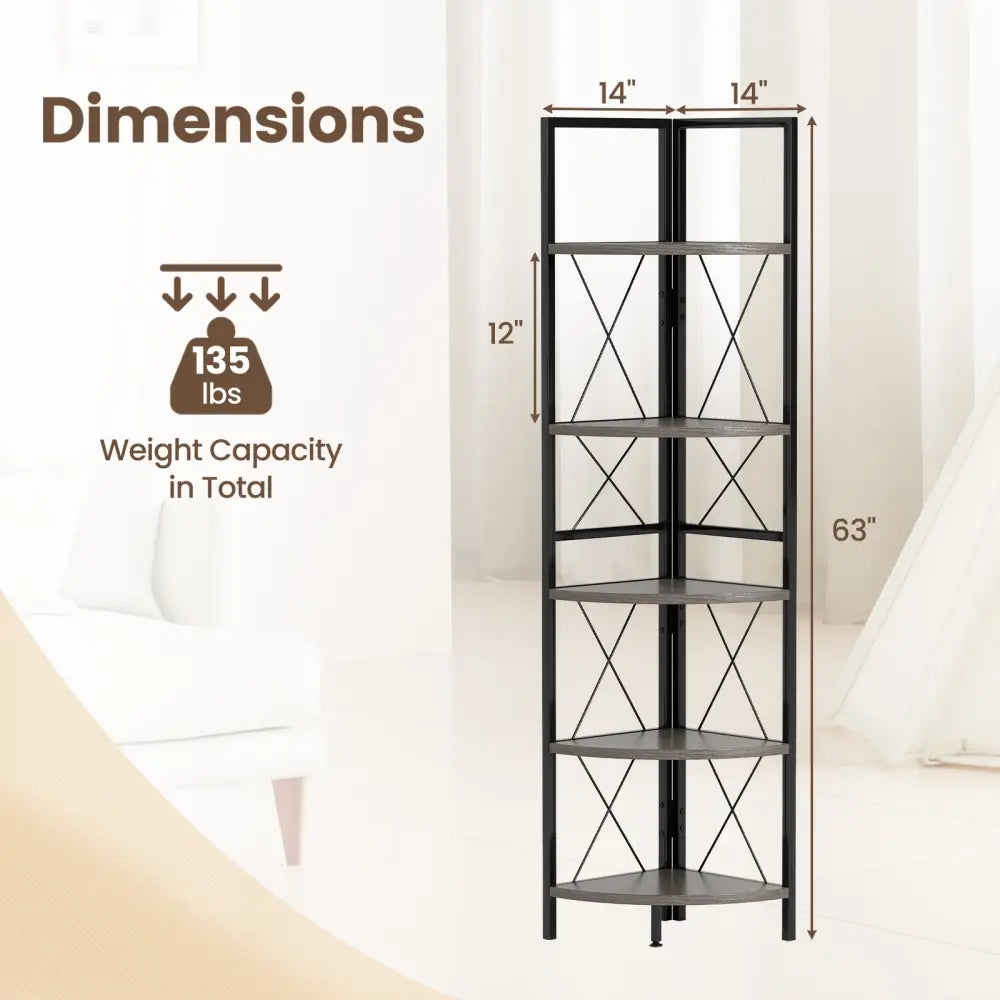 5-Tier Freestanding Corner Shelf 63 Inch Tall Storage Rack-Oak - Oak - Bookcases