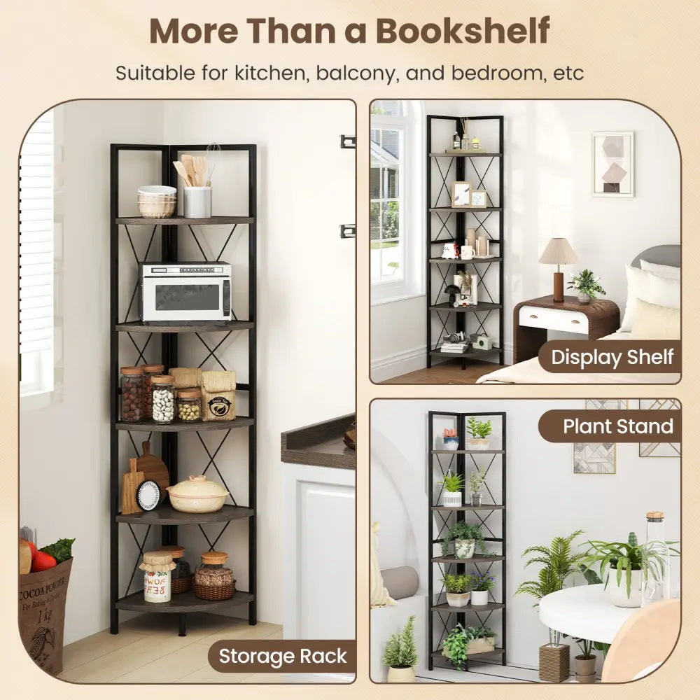 5-Tier Freestanding Corner Shelf 63 Inch Tall Storage Rack-Oak - Oak - Bookcases