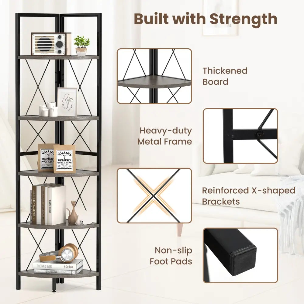 5-Tier Freestanding Corner Shelf 63 Inch Tall Storage Rack-Oak - Oak - Bookcases