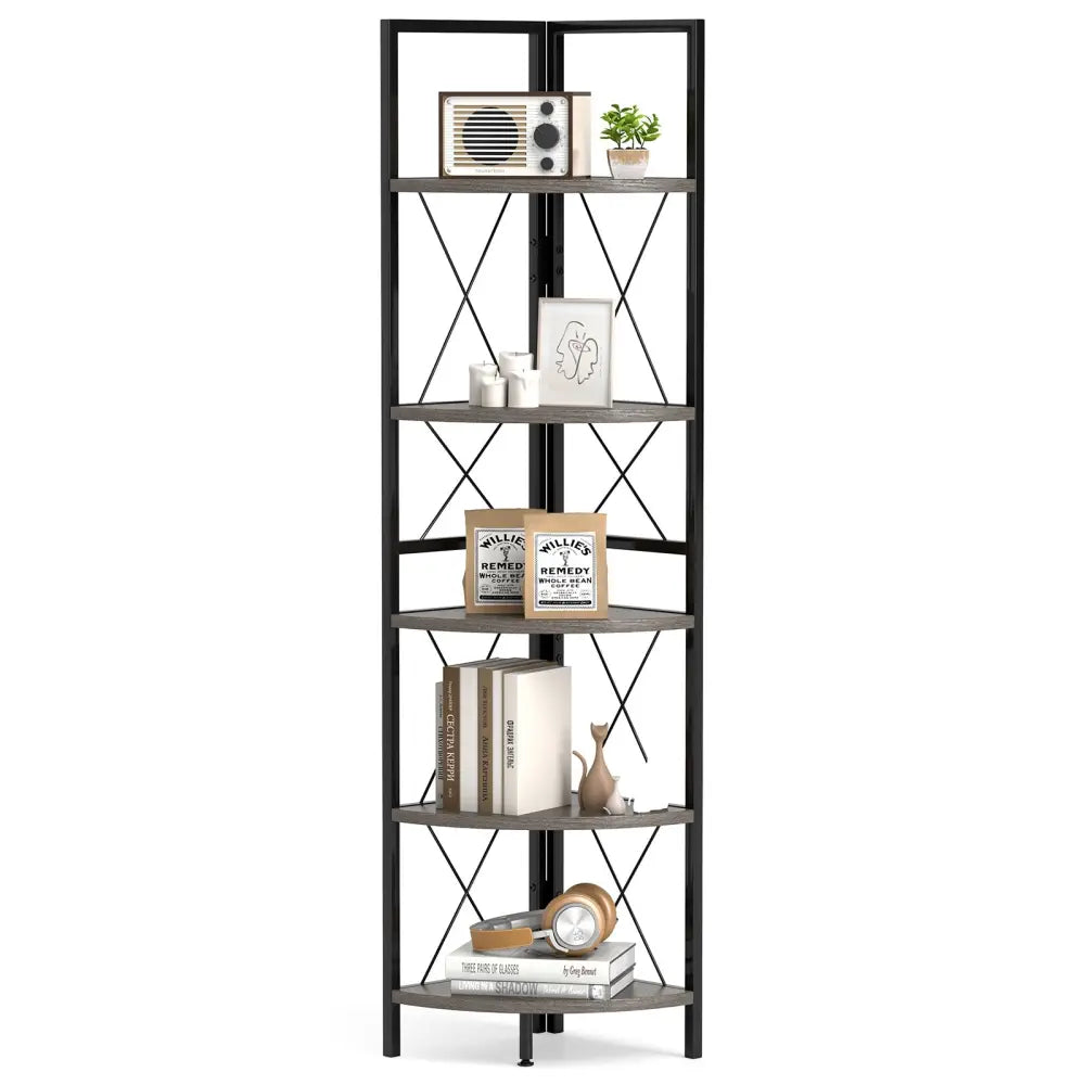 5-Tier Freestanding Corner Shelf 63 Inch Tall Storage Rack-Oak - Oak - Bookcases