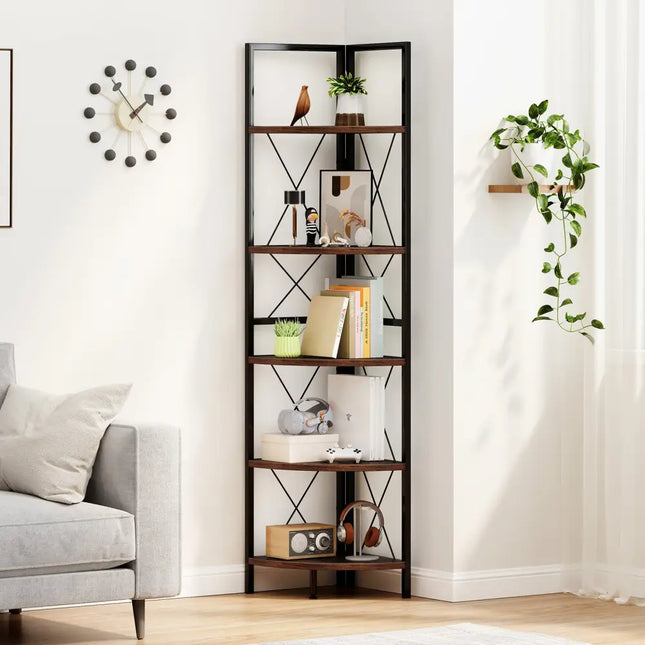 5-Tier Freestanding Corner Shelf 63 Inch Tall Storage Rack-Rustic Brown - Rustic Brown - Bookcases