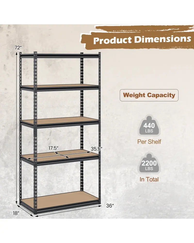 5-Tier Garage Shelving Unit 2200 LBS Metal Storage Shelves Adjustable Utility Rack-1 piece - Garages