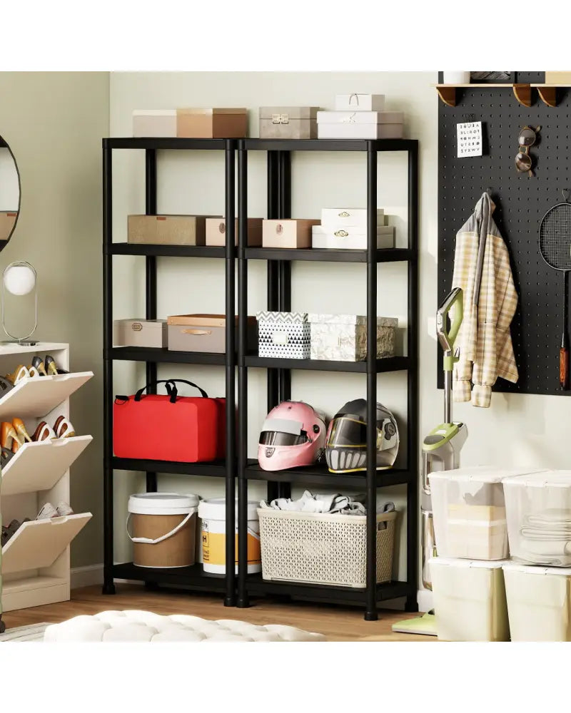 5-Tier Heavy-Duty Plastic Storage Shelves Freestanding Garage Shelving Unit - Black - Garages