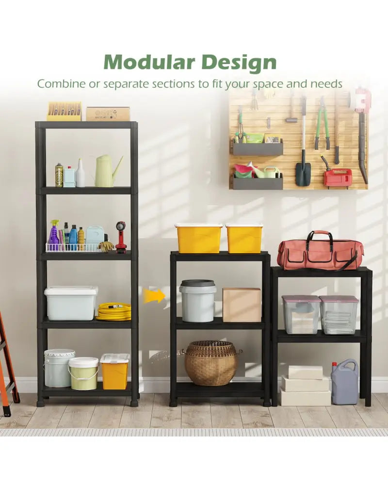 5-Tier Heavy-Duty Plastic Storage Shelves Freestanding Garage Shelving Unit - Black - Garages