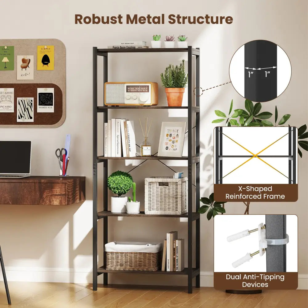 5-Tier Industrial Bookshelf Display Storage Rack with Metal Frame-Gray - Gray - Bookcases