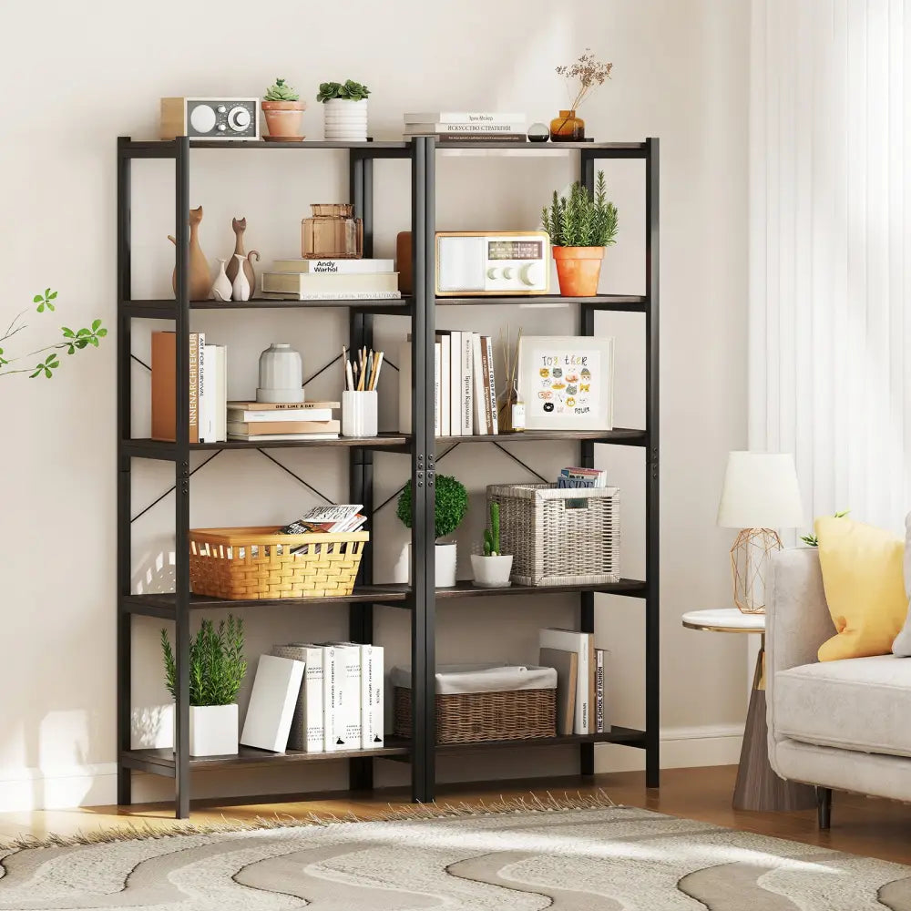 5-Tier Industrial Bookshelf Display Storage Rack with Metal Frame-Gray - Gray - Bookcases