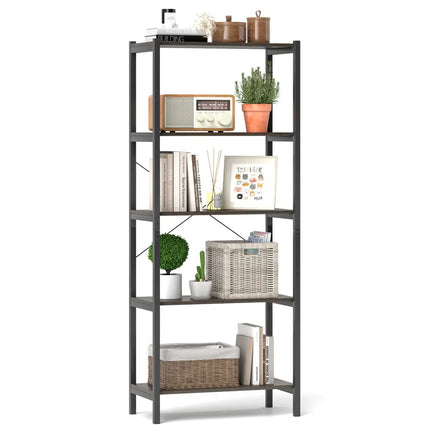 5-Tier Industrial Bookshelf Display Storage Rack with Metal Frame-Gray - Gray - Bookcases
