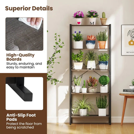 5-Tier Industrial Bookshelf Display Storage Rack with Metal Frame-Gray - Gray - Bookcases