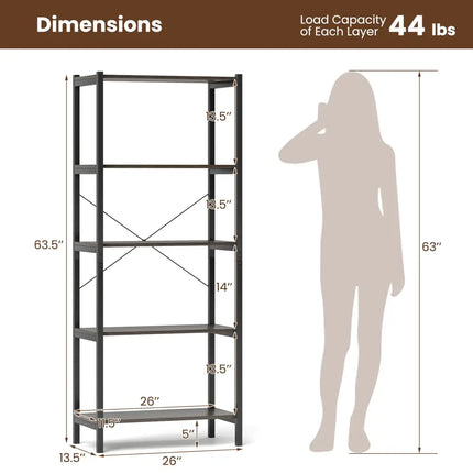 5-Tier Industrial Bookshelf Display Storage Rack with Metal Frame-Gray - Gray - Bookcases