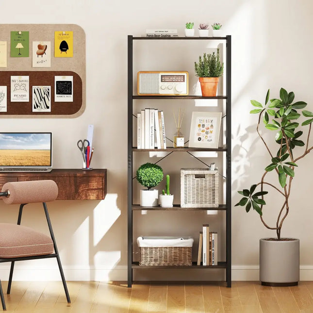 5-Tier Industrial Bookshelf Display Storage Rack with Metal Frame-Gray - Gray - Bookcases