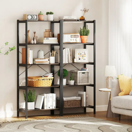 5-Tier Industrial Bookshelf Display Storage Rack with Metal Frame-Gray - Gray - Bookcases