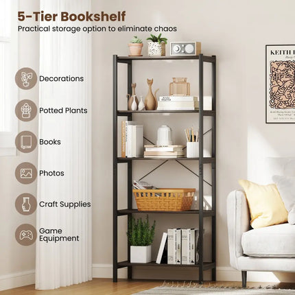 5-Tier Industrial Bookshelf Display Storage Rack with Metal Frame-Gray - Gray - Bookcases