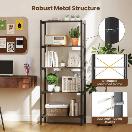 5-Tier Industrial Bookshelf Display Storage Rack with Metal Frame-Gray - Gray - Bookcases