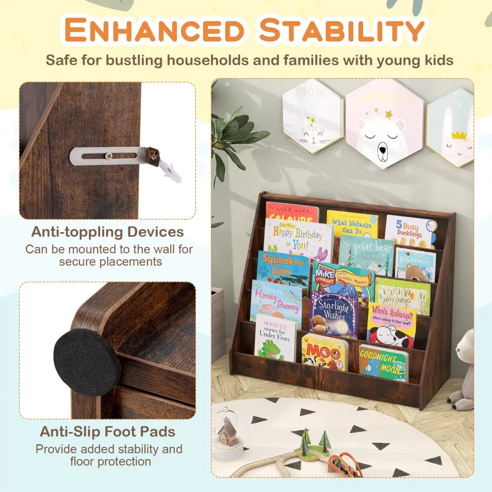 5-Tier Kids Bookshelf with Deep Compartments and Stable Baby Book Case-Rustic Brown - Rustic Brown - Kids Storage