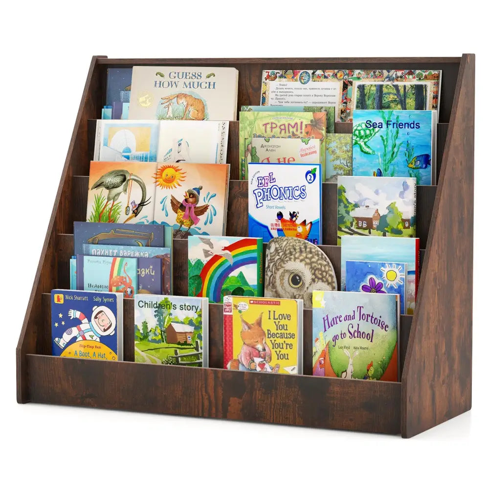 5-Tier Kids Bookshelf with Deep Compartments and Stable Baby Book Case-Rustic Brown - Rustic Brown - Kids Storage