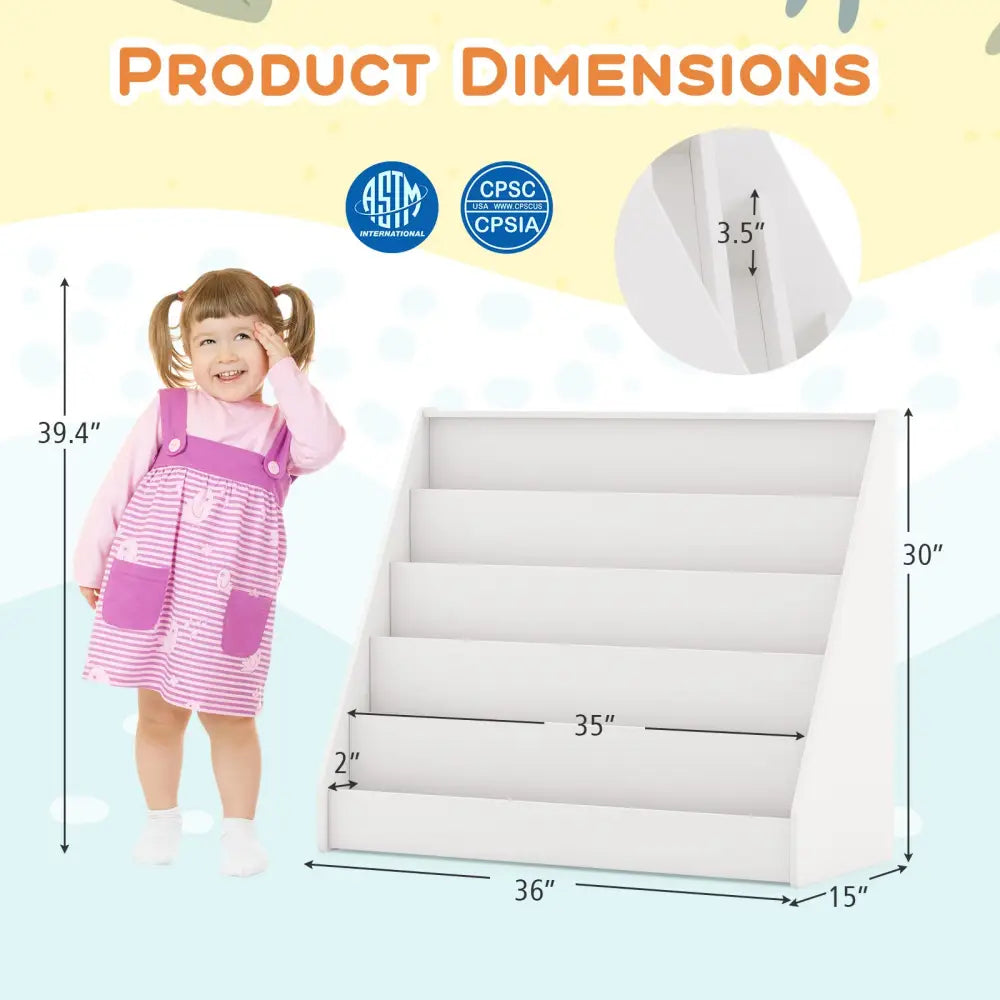 5-Tier Kids Bookshelf with Deep Compartments and Stable Baby Book Case-White - White - Kids Storage