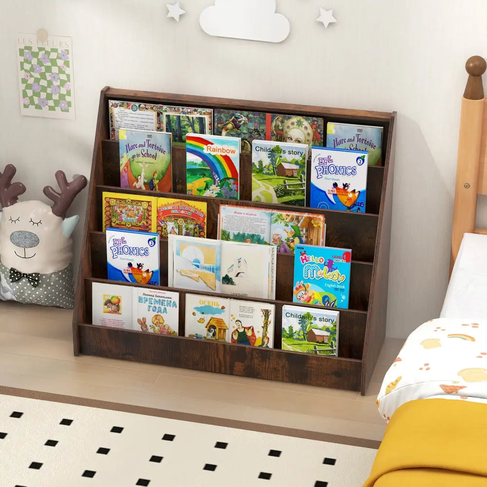 5-Tier Kids Bookshelf with Deep Compartments and Stable Baby Book Case-Rustic Brown - Rustic Brown - Kids Storage