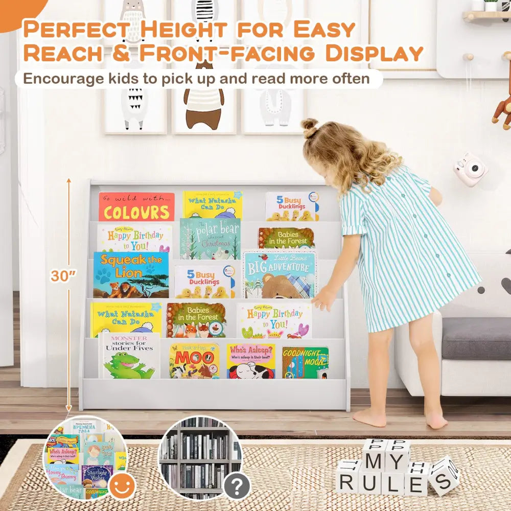 5-Tier Kids Bookshelf with Deep Compartments and Stable Baby Book Case-White - White - Kids Storage