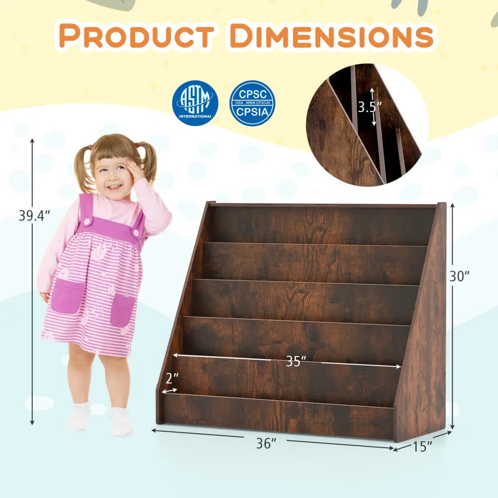 5-Tier Kids Bookshelf with Deep Compartments and Stable Baby Book Case-Rustic Brown - Rustic Brown - Kids Storage