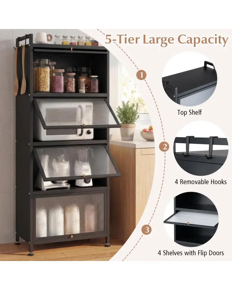 5-Tier Kitchen Baker’s Rack with Flip-up PC Doors-Black - Black - Baker’s Racks
