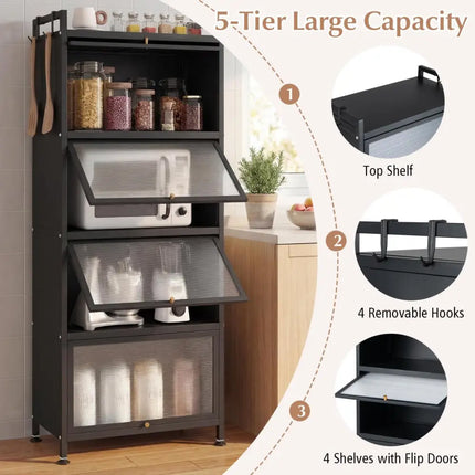 5 - Tier Kitchen Baker's Rack with Flip - up PC Doors - Black - Oasis Home Essentials