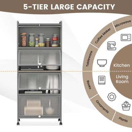 5 - Tier Kitchen Baker's Rack with Flip - up PC Doors - Gray - Oasis Home Essentials