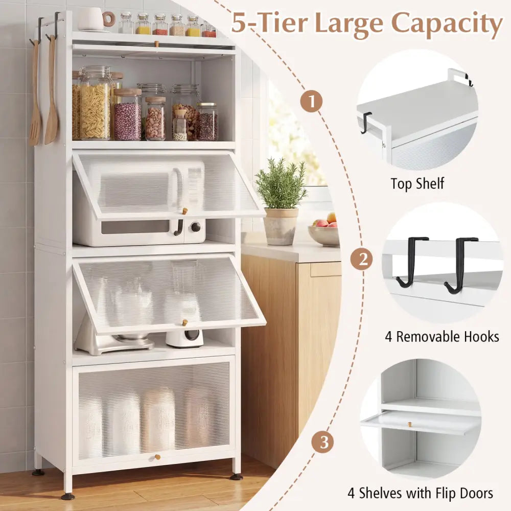 5-Tier Kitchen Baker’s Rack with Flip-up PC Doors-White - White - Baker’s Racks