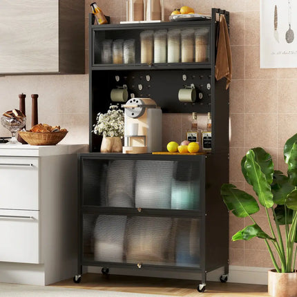 5 Tier Kitchen Bakers Rack with Lights Multifunctional Microwave Stand with Flip Door Cabinets-Black - Black