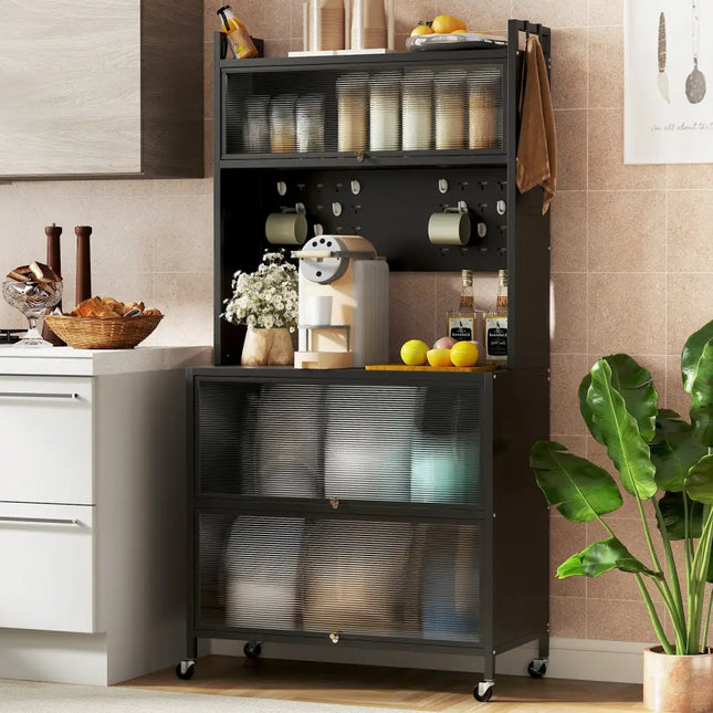5 Tier Kitchen Bakers Rack with Lights Multifunctional Microwave Stand with Flip Door Cabinets-Black - Black